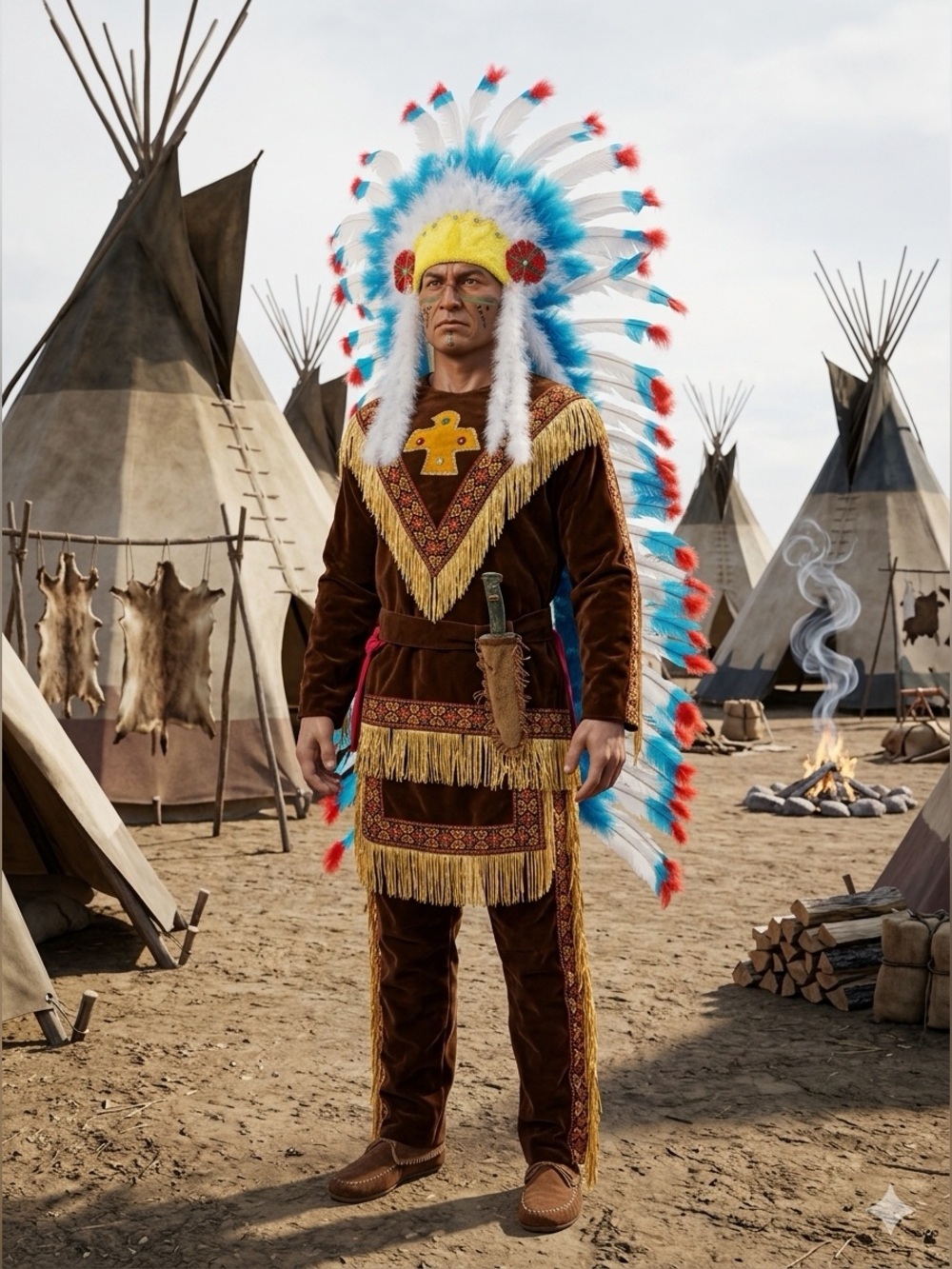 Large blue, white & red feather war bonnet style headdress costume/stage